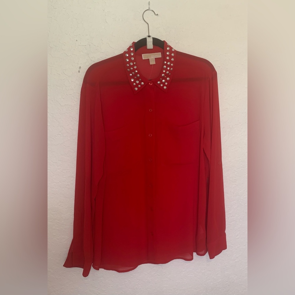 Michael Kors Red Embellished Long Sleeve Button Down Shirt